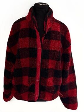 Fabletics Red & Black Buffalo Plaid Sherpa Jacket Size Small